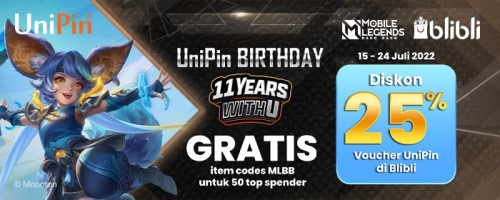 #11YearsWithU UniPin dengan Blibli – Promo diskon 25% Voucher UniPin dan GRATIS item codes Mobile Legends Bang Bang di Blibli
